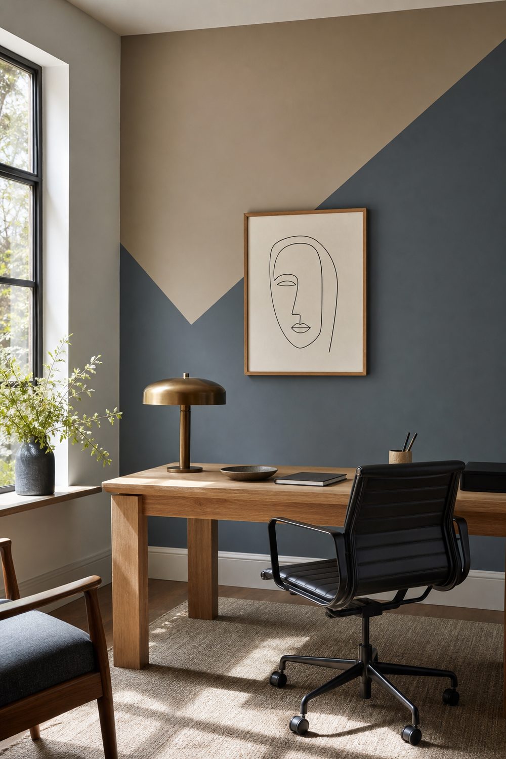 Geometric painted accent wall in taupe and slate behind a home office desk, light oak desk, black chair, soft morning light
