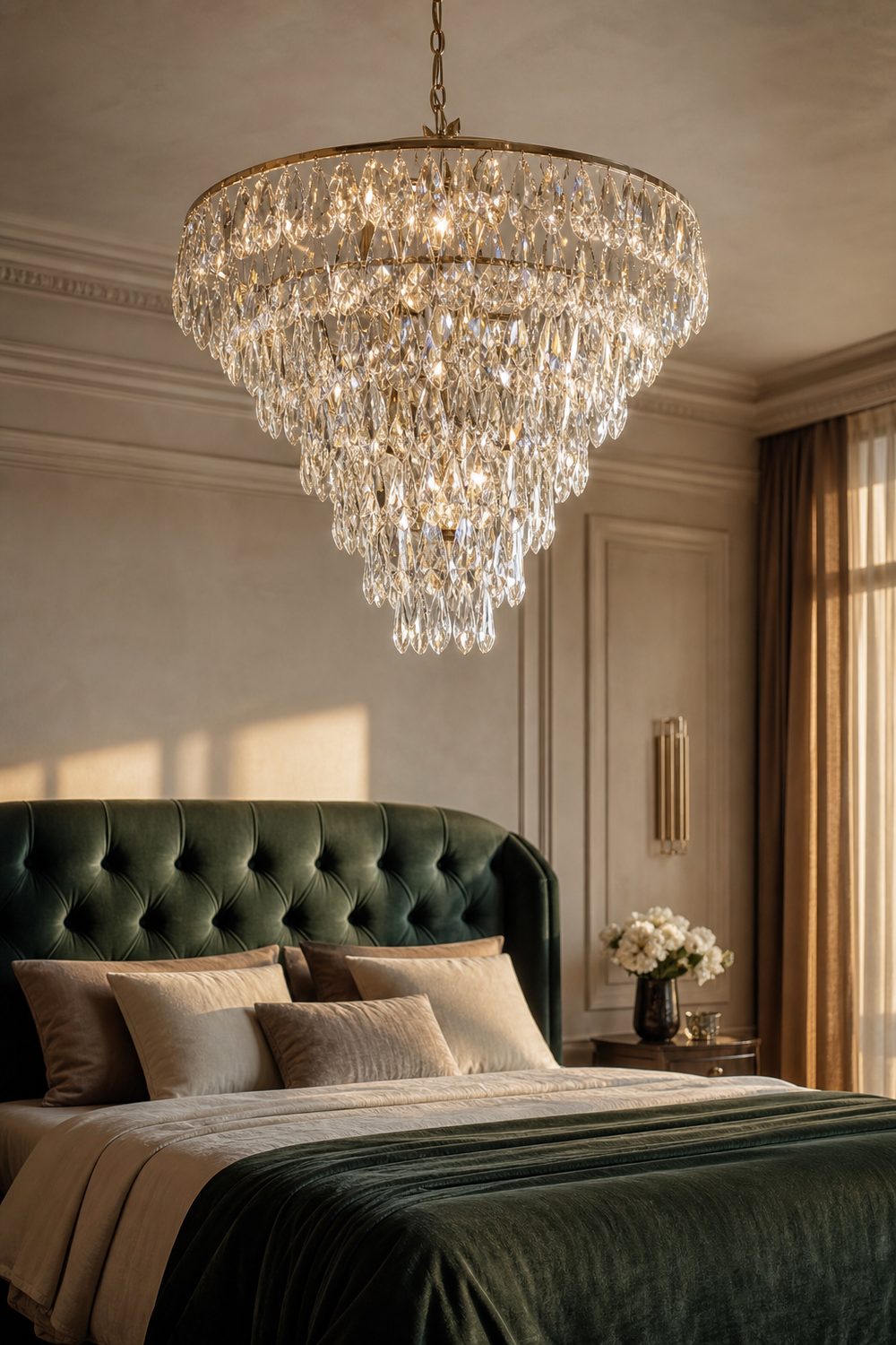 Glamorous tiered crystal teardrop chandelier above a velvet bed in a luxurious bedroom with creamy walls and soft textures