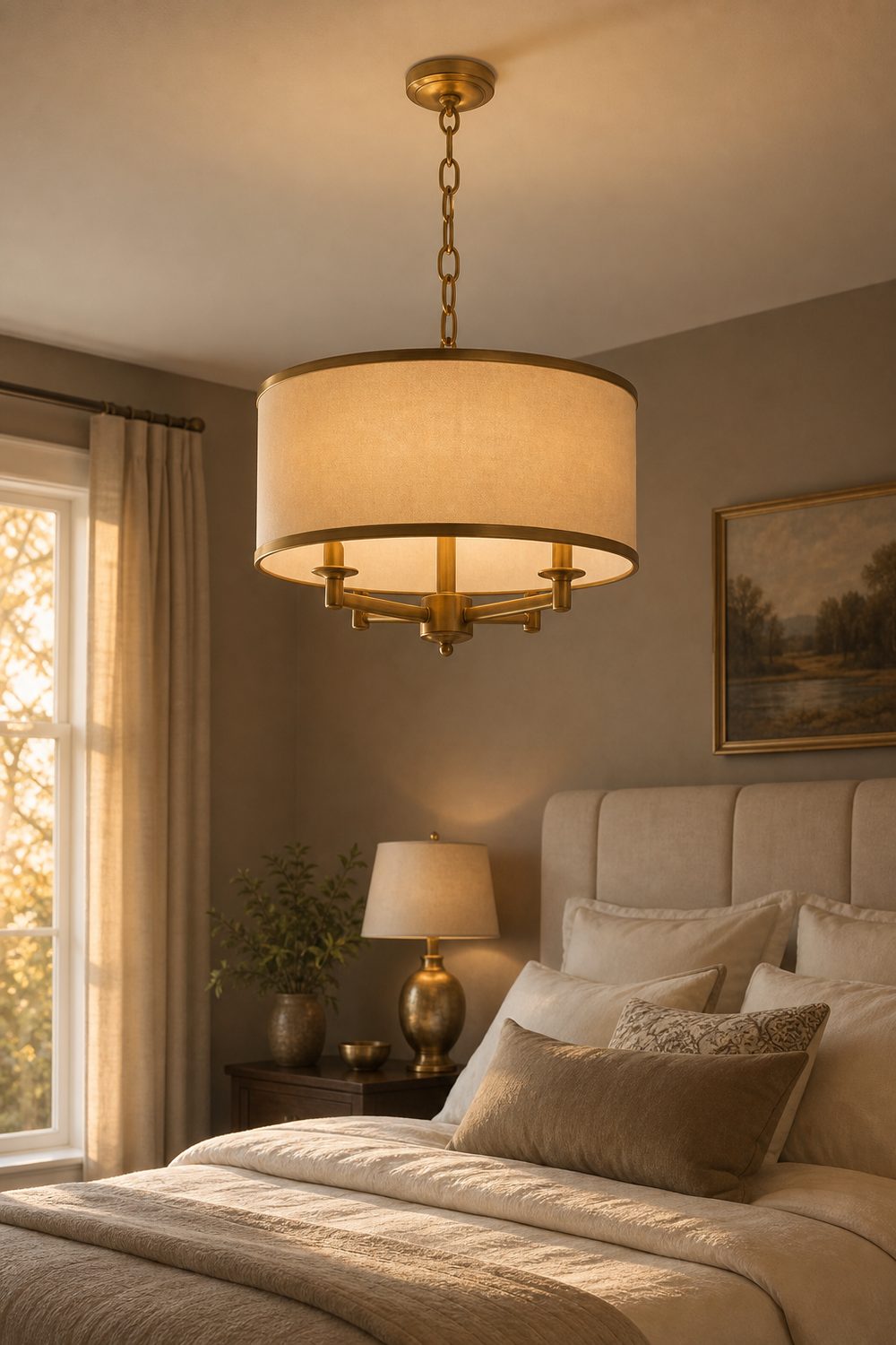 Antique gold drum shade chandelier with a fabric diffuser over an upholstered bed with taupe walls and creamy bedding