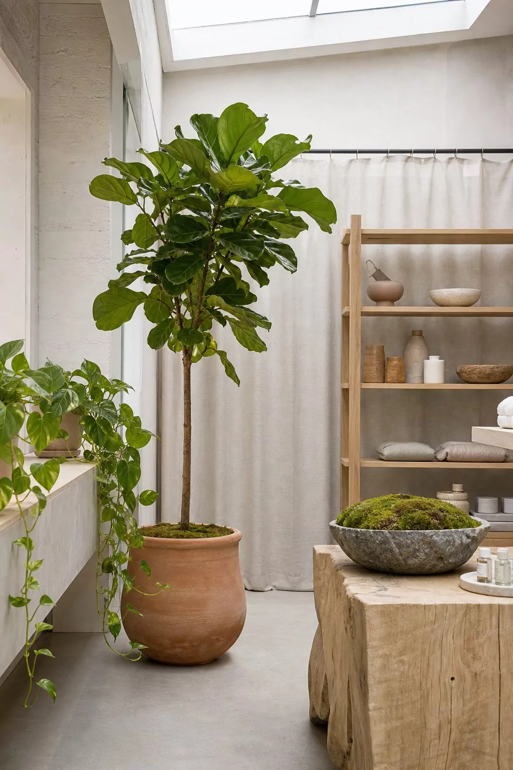Showroom softened with biophilic greenery, real potted trees and trailing plants beside natural wood displays under bright daylight