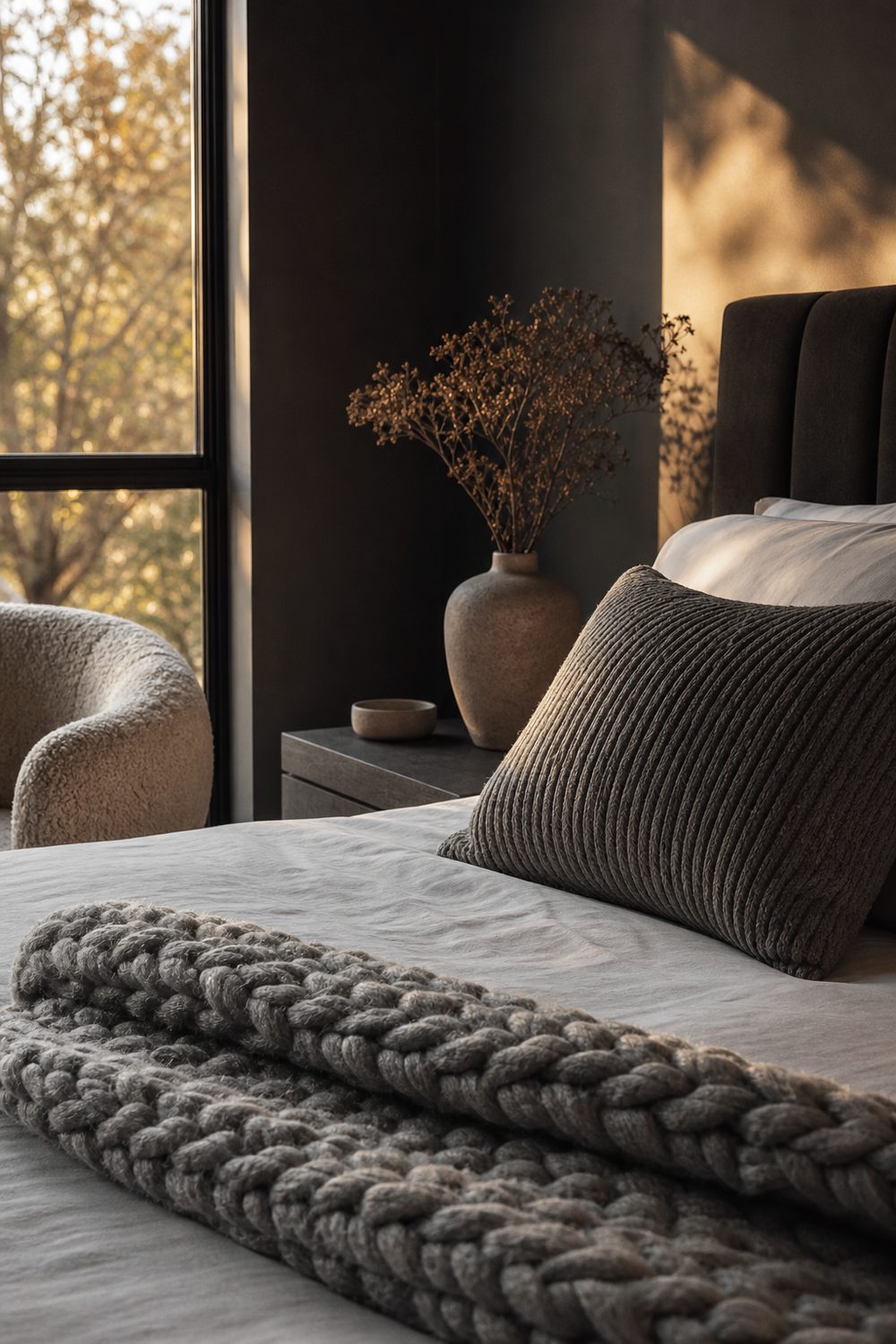 Oversized chunky heather grey knit throw and ribbed pillows on a bed in a black and grey bedroom, soft inviting texture
