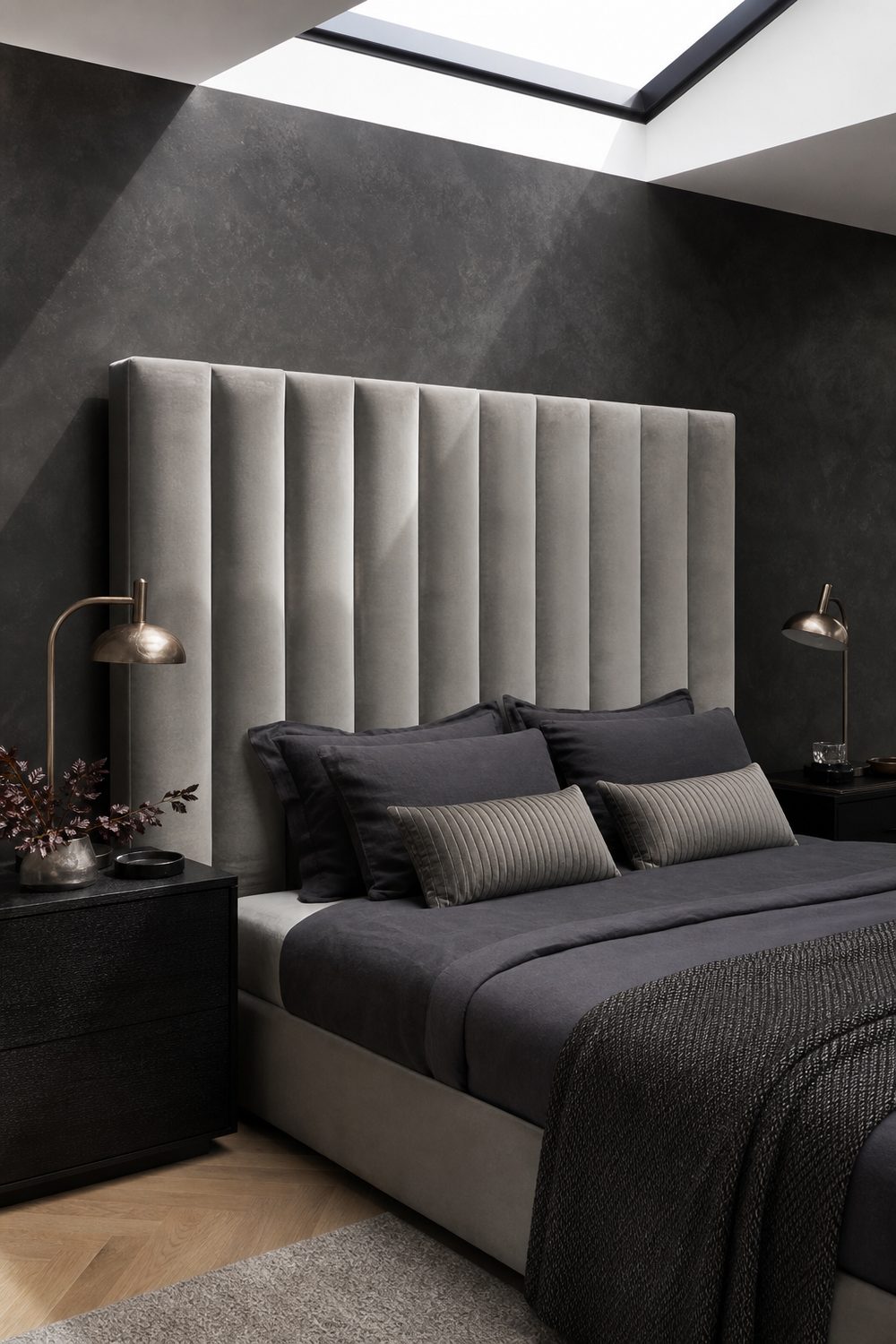 Tall dove grey velvet upholstered headboard catching soft light in a modern black and grey bedroom with black nightstands