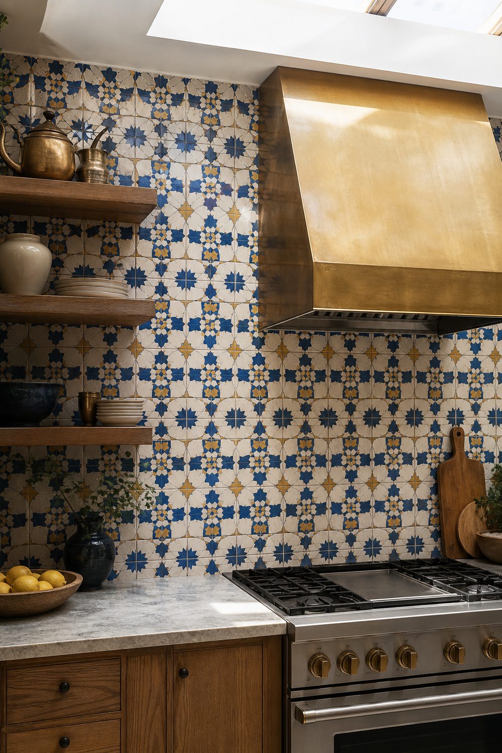Hand painted Moroccan wall tile backsplash in cobalt white and saffron behind a kitchen range with a brass hood