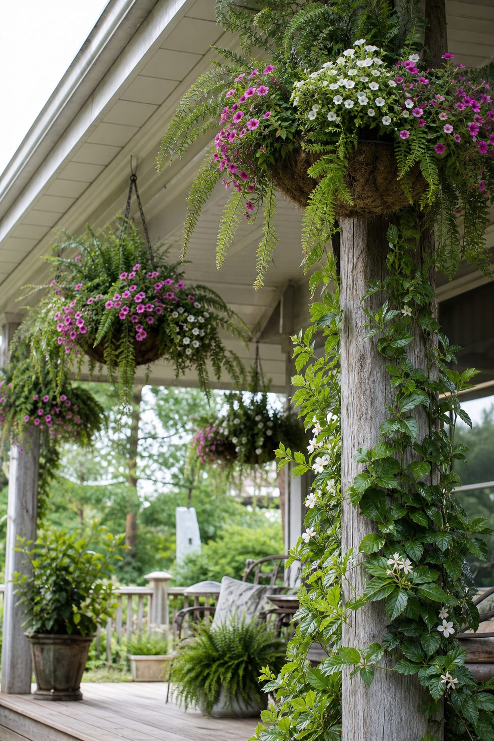 Farmhouse deck with hanging flower baskets along the eave and trailing greenery on posts