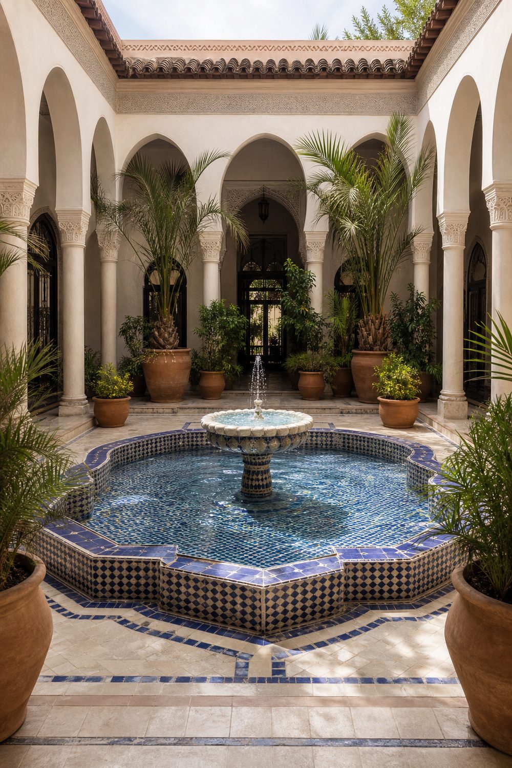 Serene indoor courtyard with a central blue and white zellige tiled fountain framed by arched plaster colonnades and palms