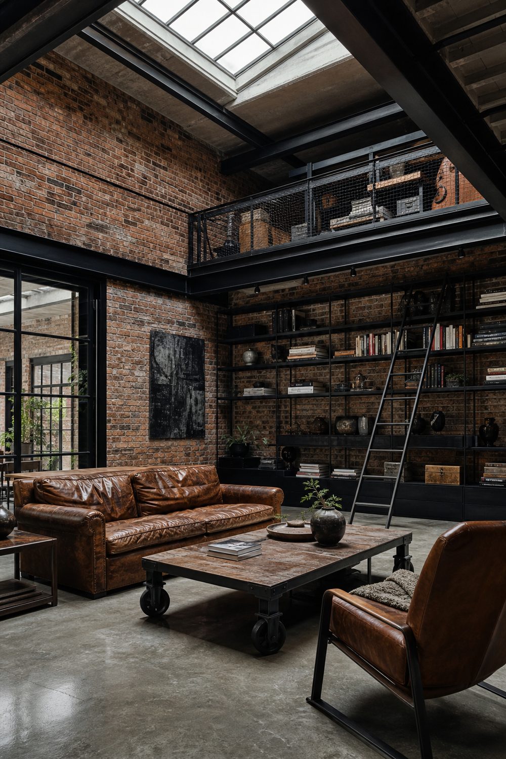 Industrial style living room with exposed brick and blackened steel, editorial interior photography
