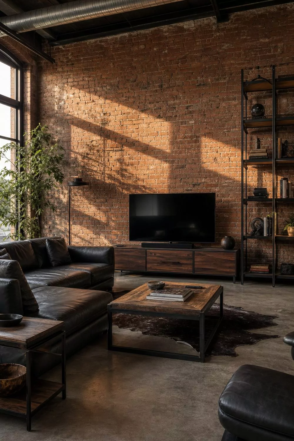 Industrial loft man cave with exposed brick wall, charcoal leather sofa, walnut console and steel shelving in raking golden light