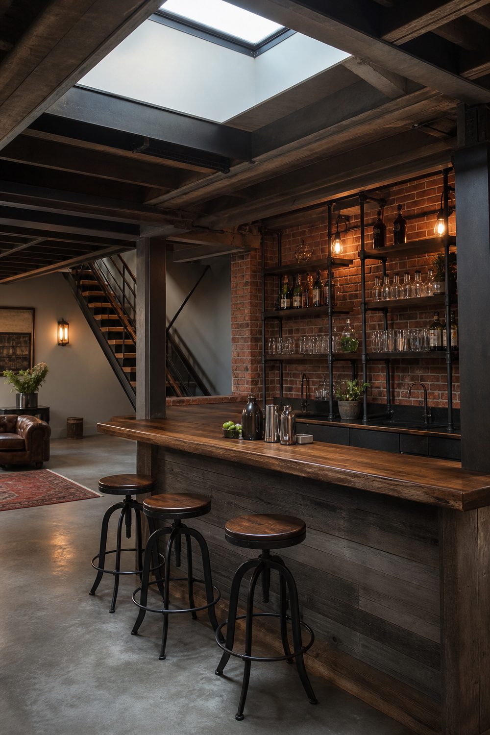 Industrial basement bar with black iron pipe shelving, brick veneer accent wall and sealed walnut top