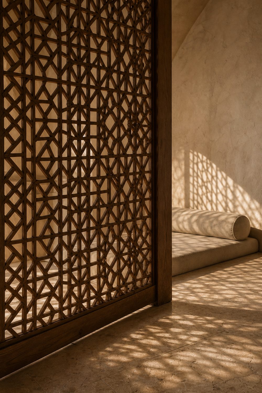 Tall carved teak mashrabiya screen with geometric latticework casting patterned shadows across a plaster wall and stone floor