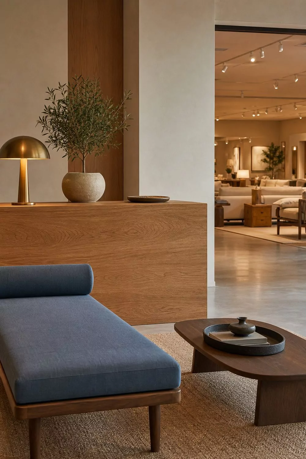 Inviting showroom reception lounge with a low welcome desk, soft seating bench, warm lighting and a clean uncluttered sightline from the entrance