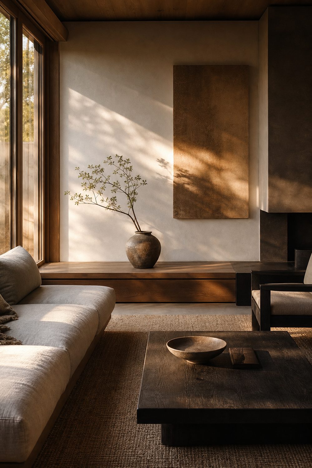 Japandi style living room with warm oak and soft black wood, editorial interior photography