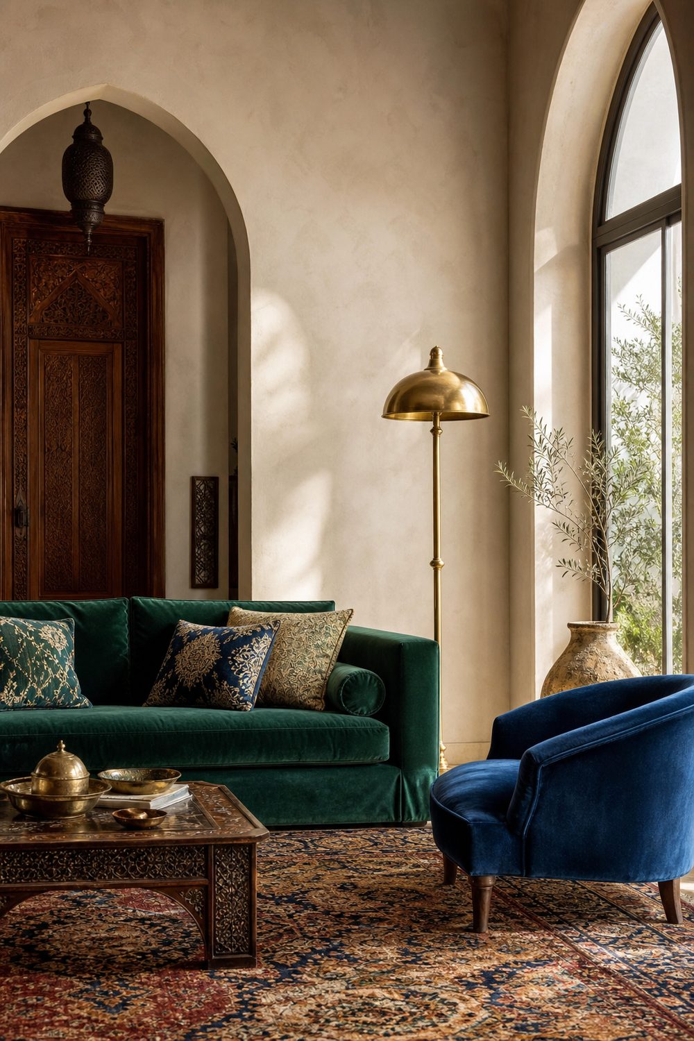 Emerald velvet sofa and sapphire velvet accent chair against cream plaster walls with a brass floor lamp and patterned rug