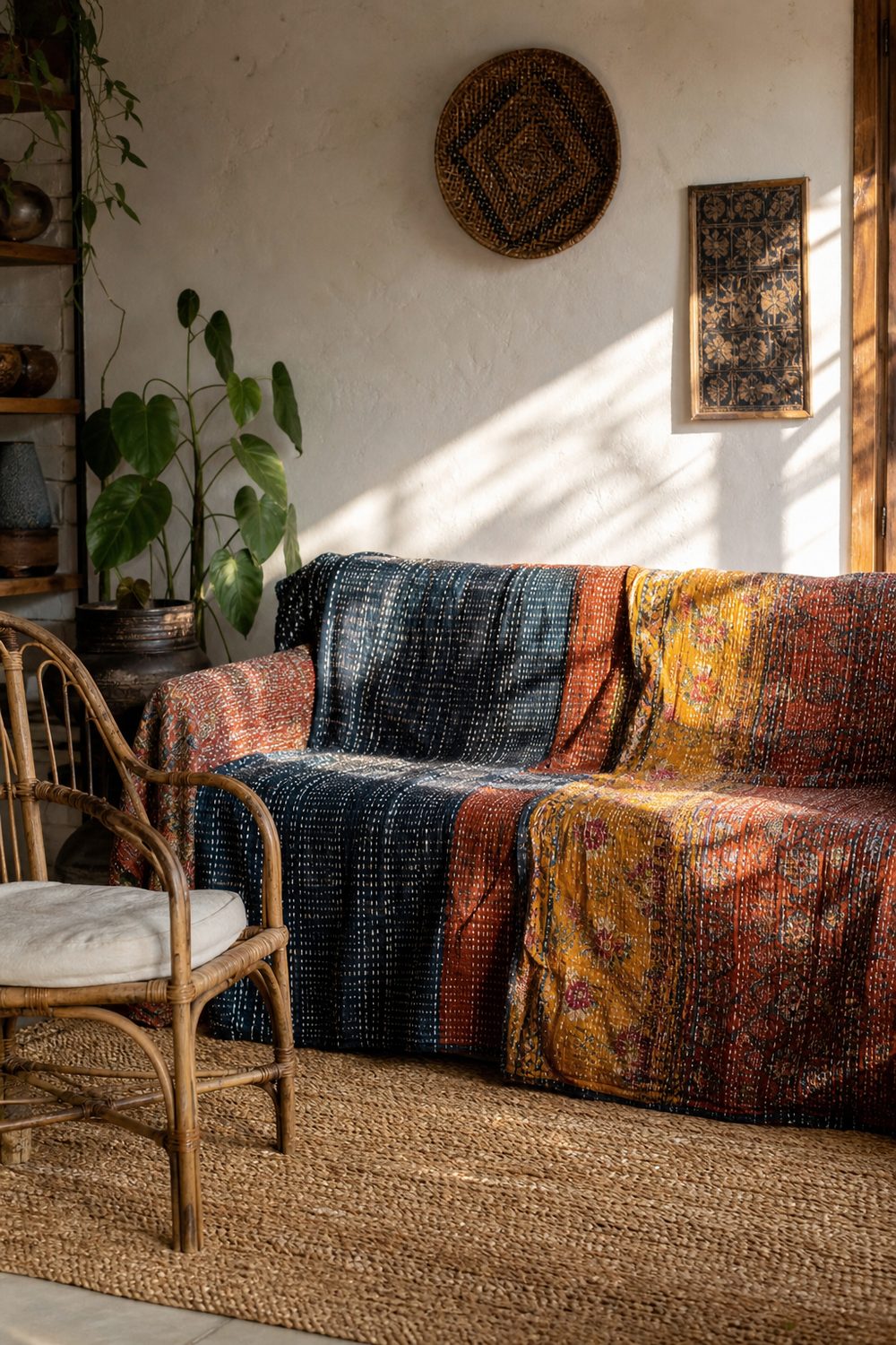 Vintage kantha quilt boho couch cover in faded rust and indigo with white running stitches, jute rug and rattan chair