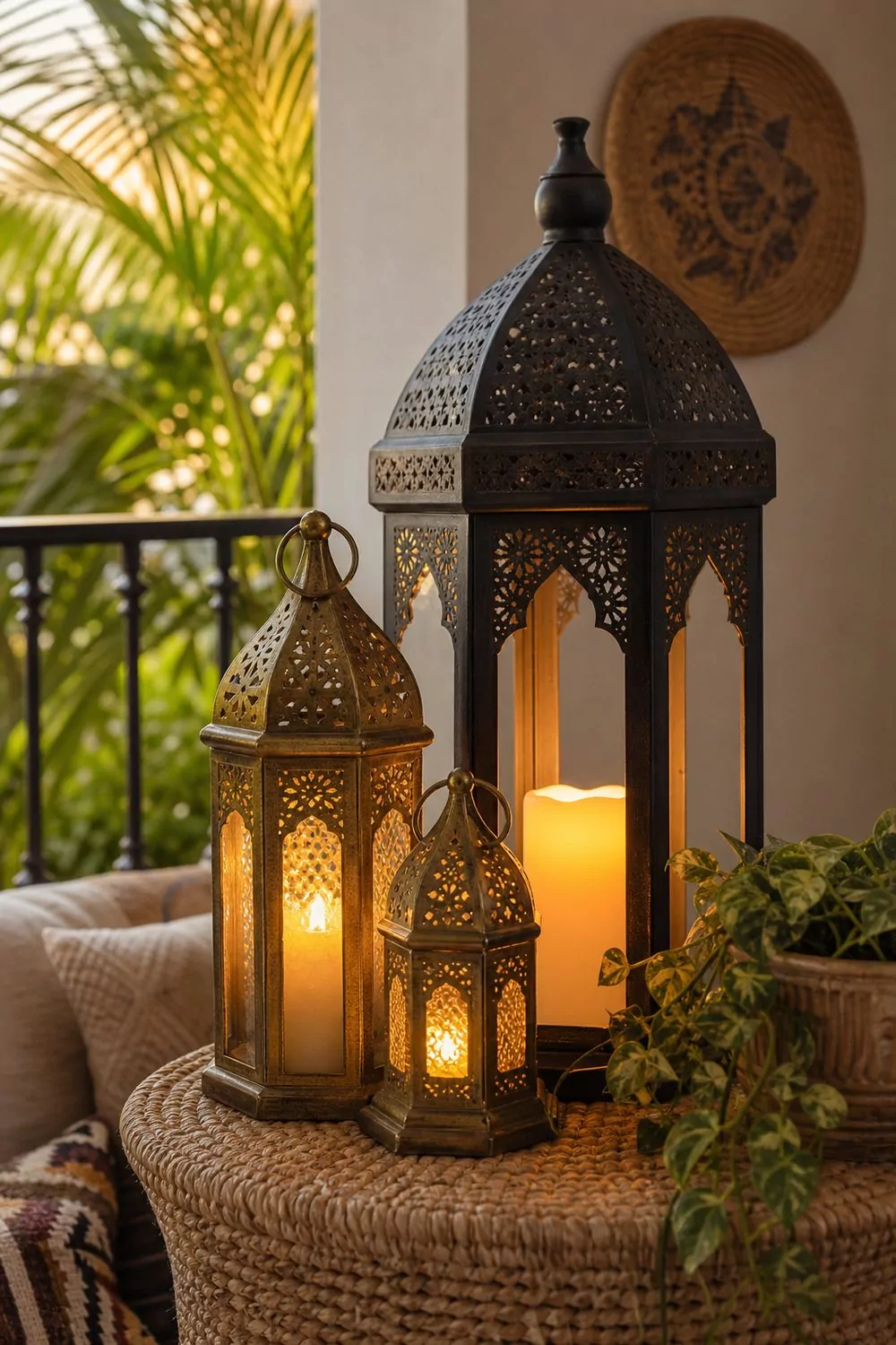 A large blackened metal lantern and two smaller brass lanterns with glowing candles on a woven table on a boho balcony