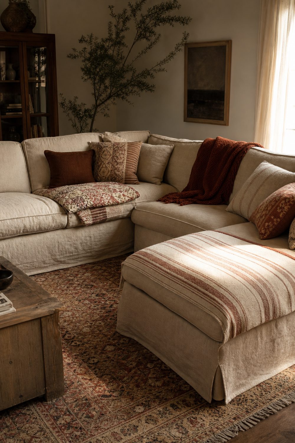 Boho sectional couch cover built in layers with neutral slipcover, striped woven panel, kantha quilt and rust throw