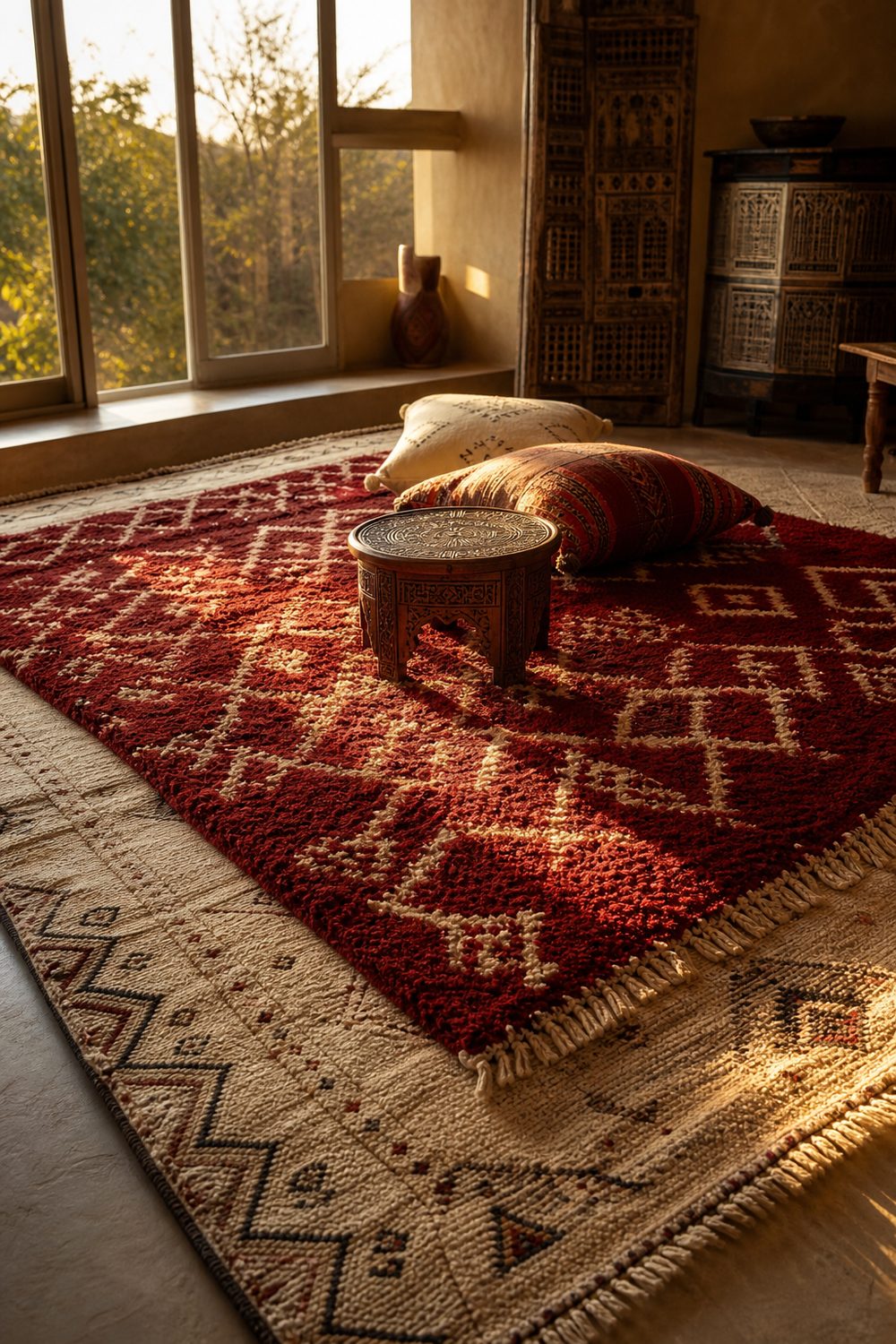Deep red Moroccan rug layered over a neutral kilim base with a carved stool and floor cushions in a cozy corner