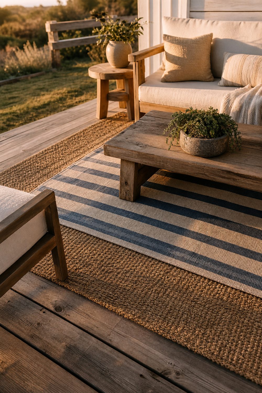 Layered outdoor rug on a farmhouse deck with a neutral woven jute base and a smaller striped rug on top