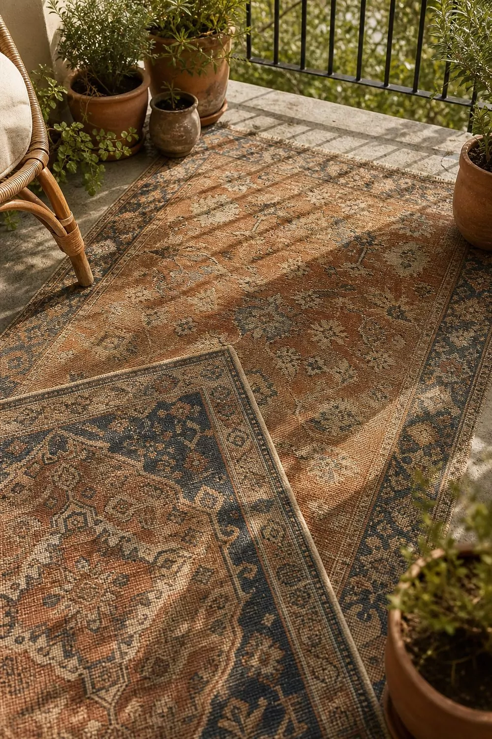 Layered faded Persian outdoor rugs in terracotta and indigo on a small boho balcony floor with a rattan chair and potted plants