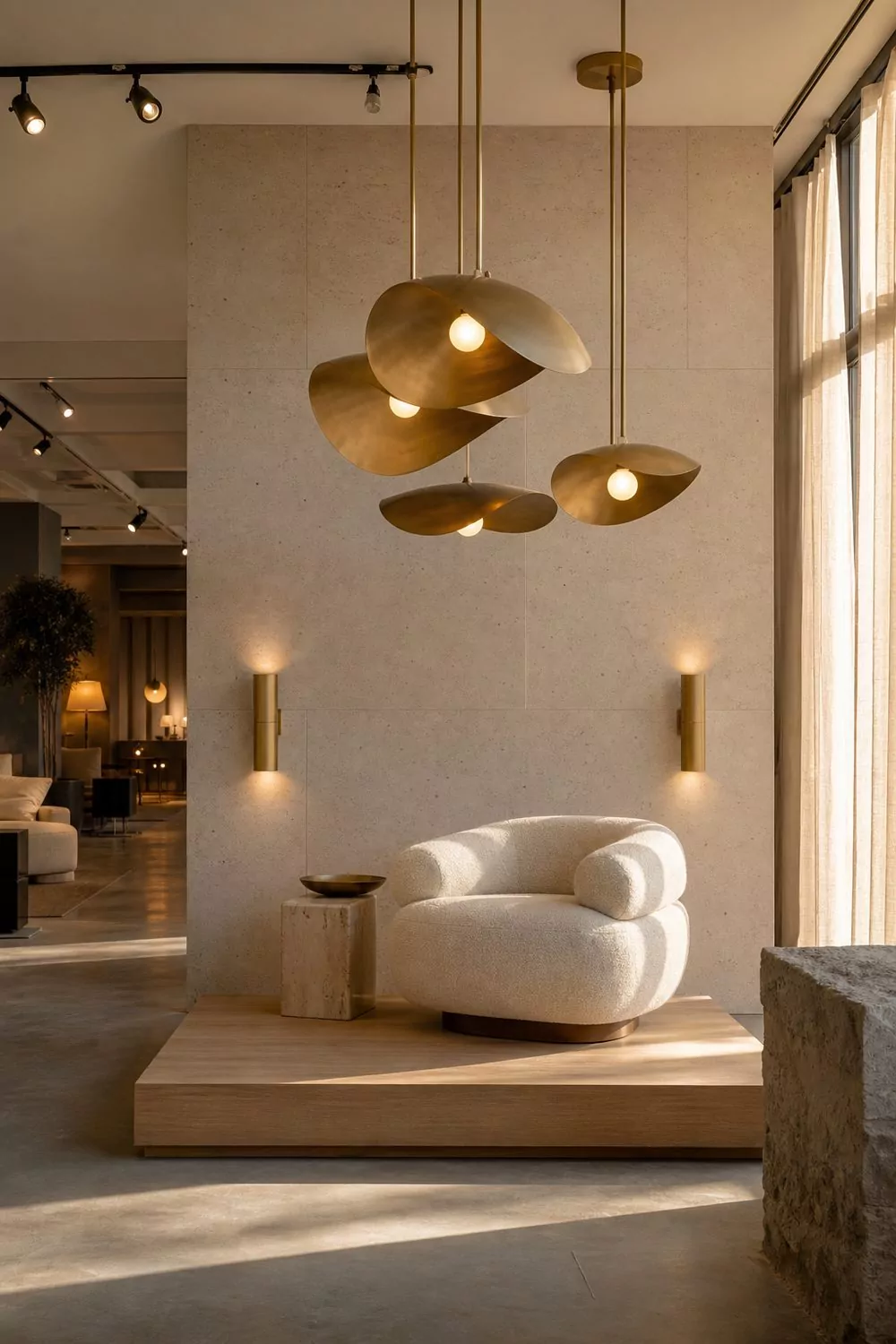 Modern showroom with a sculptural pendant cluster over a display table, warm wall sconces and recessed track lighting on textured stone
