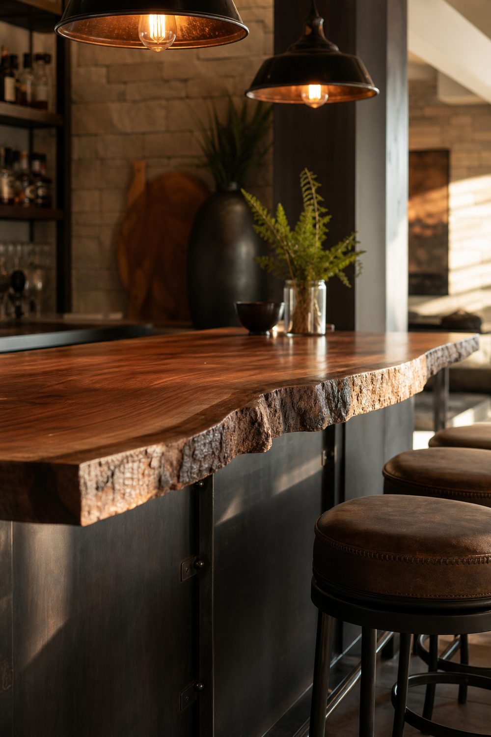 Basement bar with a live edge walnut slab top showing a natural organic edge on a blackened steel base
