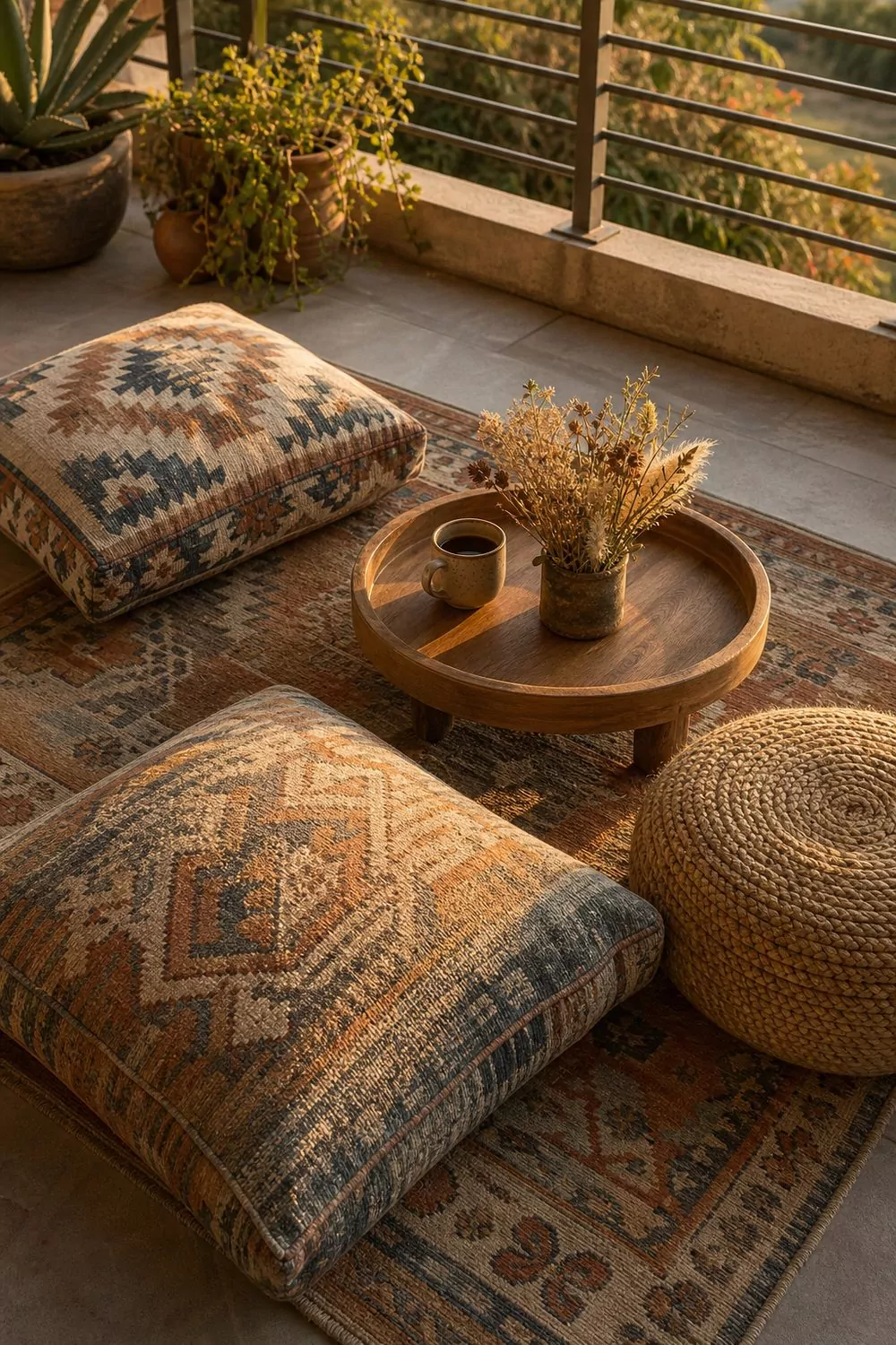 Two oversized patterned floor cushions and a round woven pouf around a low teak tray table on a boho balcony