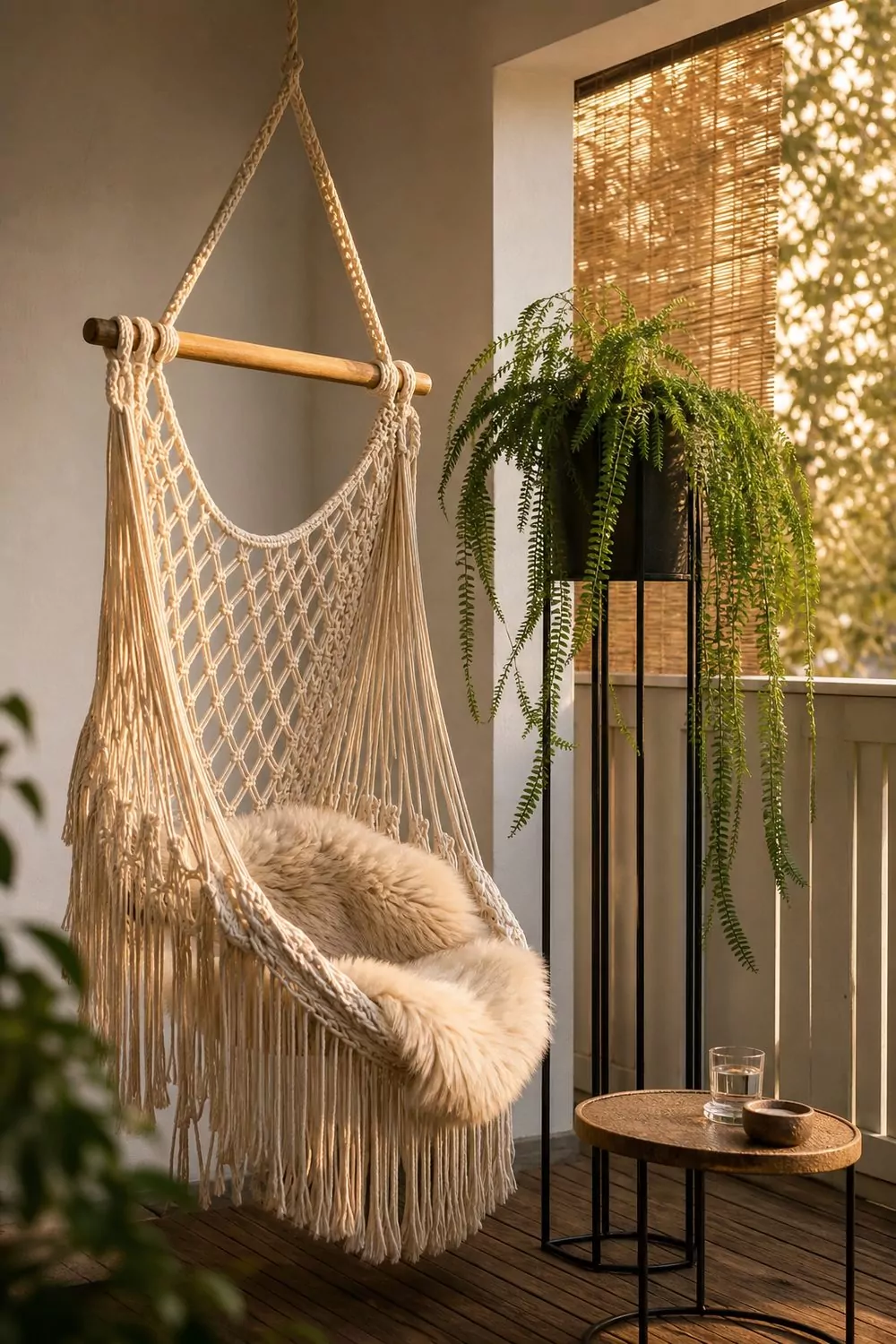 Cream macrame hanging chair with a sheepskin in a boho balcony corner beside a fern plant stand and small drink table