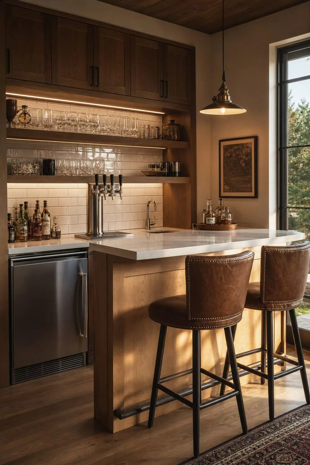 Man cave built-in bar corner with quartz counter, oak cabinetry, stainless kegerator, tile backsplash and leather stools in warm light