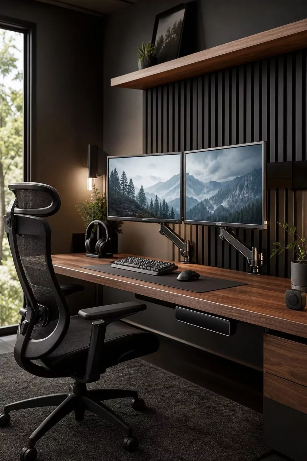 Man cave gaming zone with walnut desk, dual monitors on arms, ergonomic chair and black acoustic panels in soft side light
