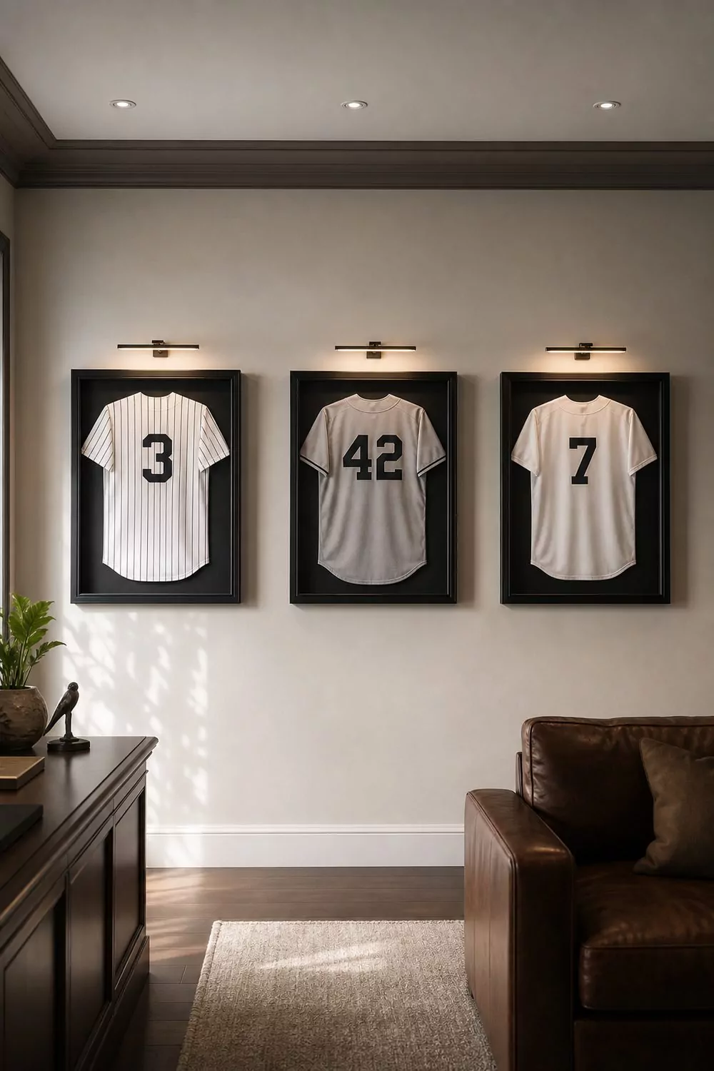 Man cave sports memorabilia wall with three framed jerseys in matching black frames, shadow boxes and picture lights with clean spacing