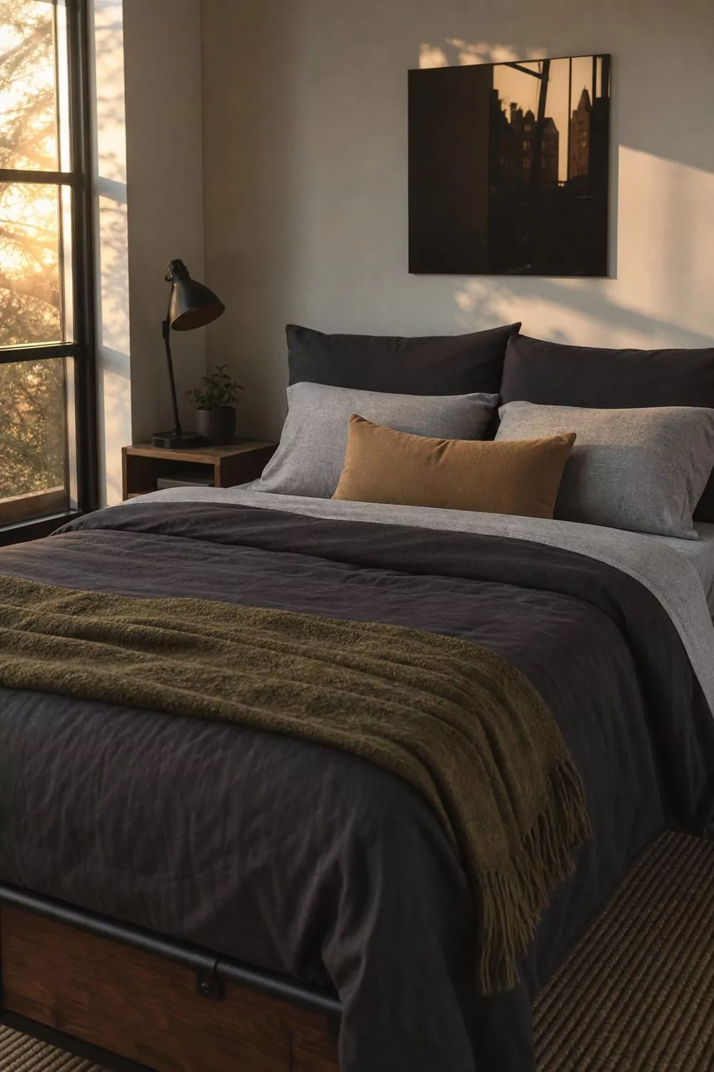 Dorm bedding for guys with a charcoal duvet, heather gray sheets, olive throw, and a tan lumbar pillow