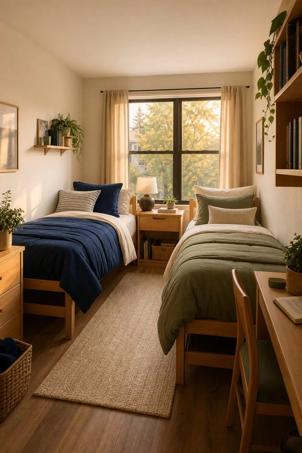 Shared dorm room with two twin XL beds coordinated in cream sheets with navy and sage green accents