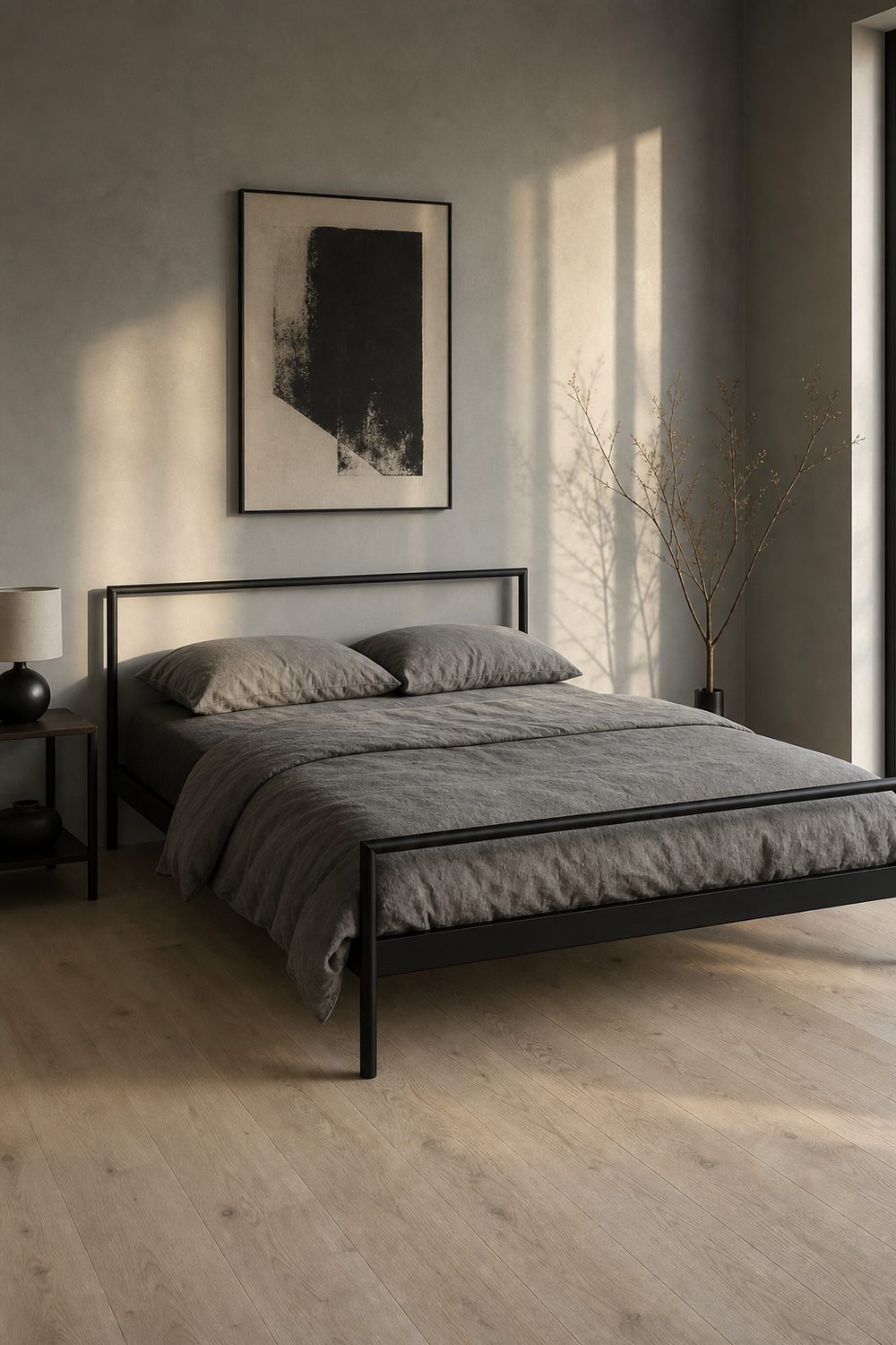 Matte black powder coated steel bed frame against soft grey walls with visible floor, minimalist black and grey bedroom