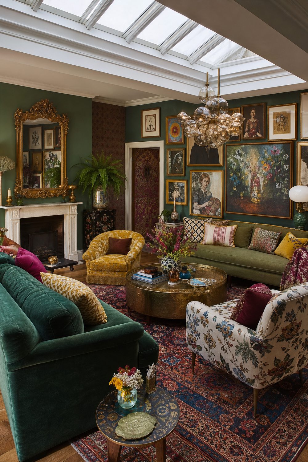 Maximalist style living room with deep green velvet and vintage rug, editorial interior photography