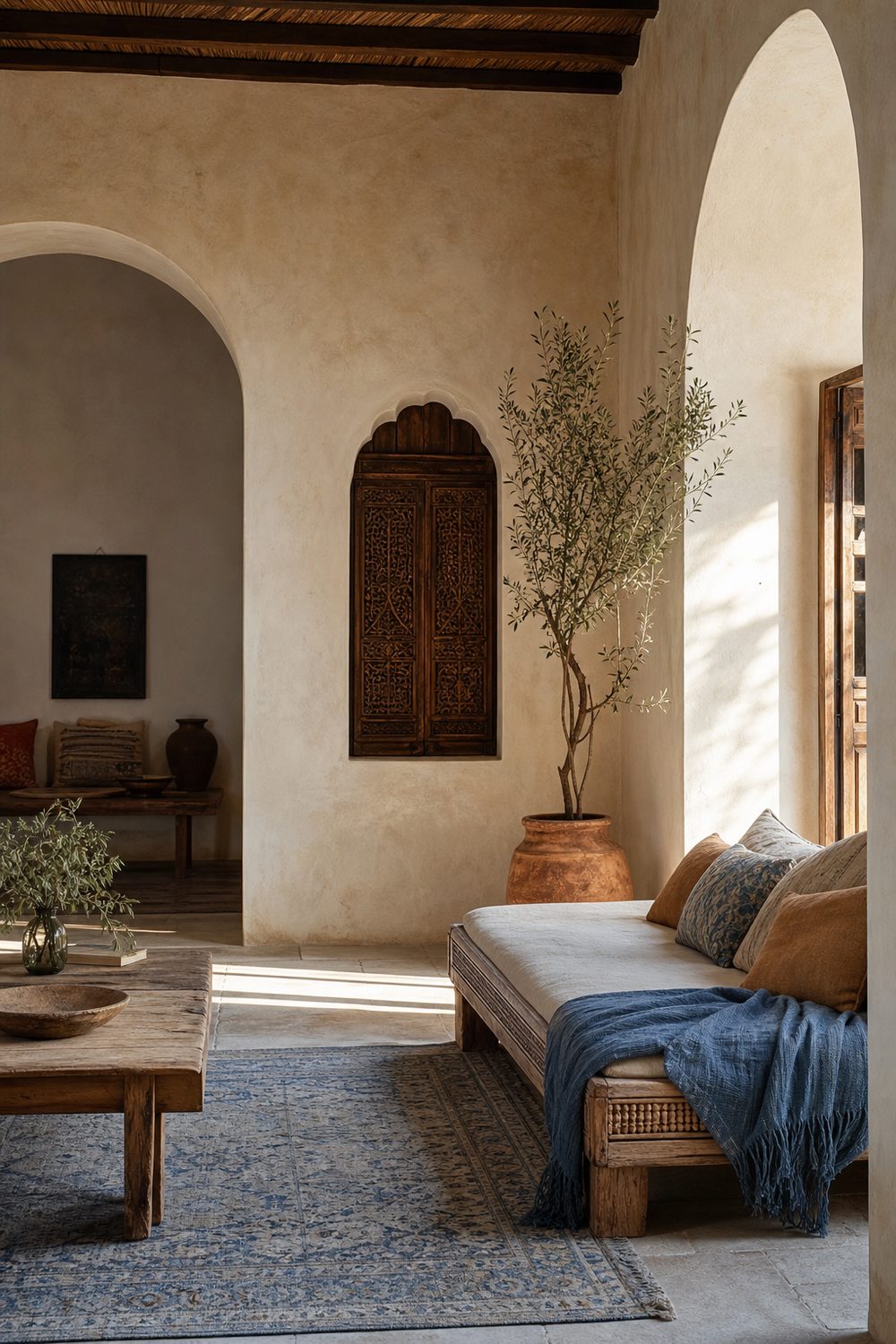 Mediterranean style living room with lime plaster and terracotta tile, editorial interior photography