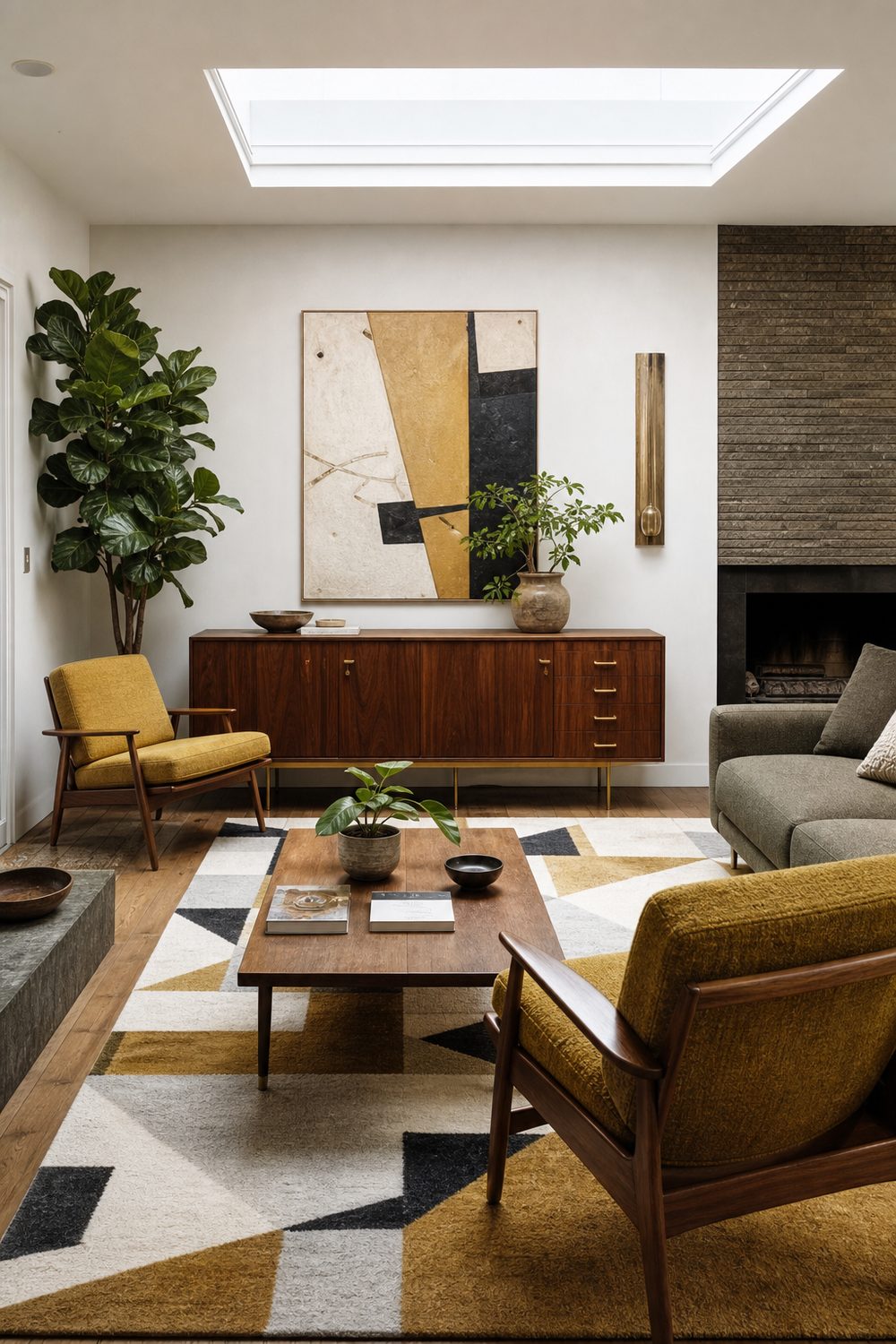Mid Century Modern style living room with walnut wood and mustard tweed, editorial interior photography