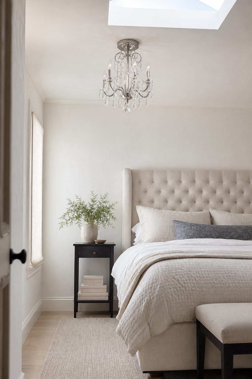 Small glass and slim-metal mini chandelier mounted close to the ceiling in a compact bedroom with a tall bed and light walls