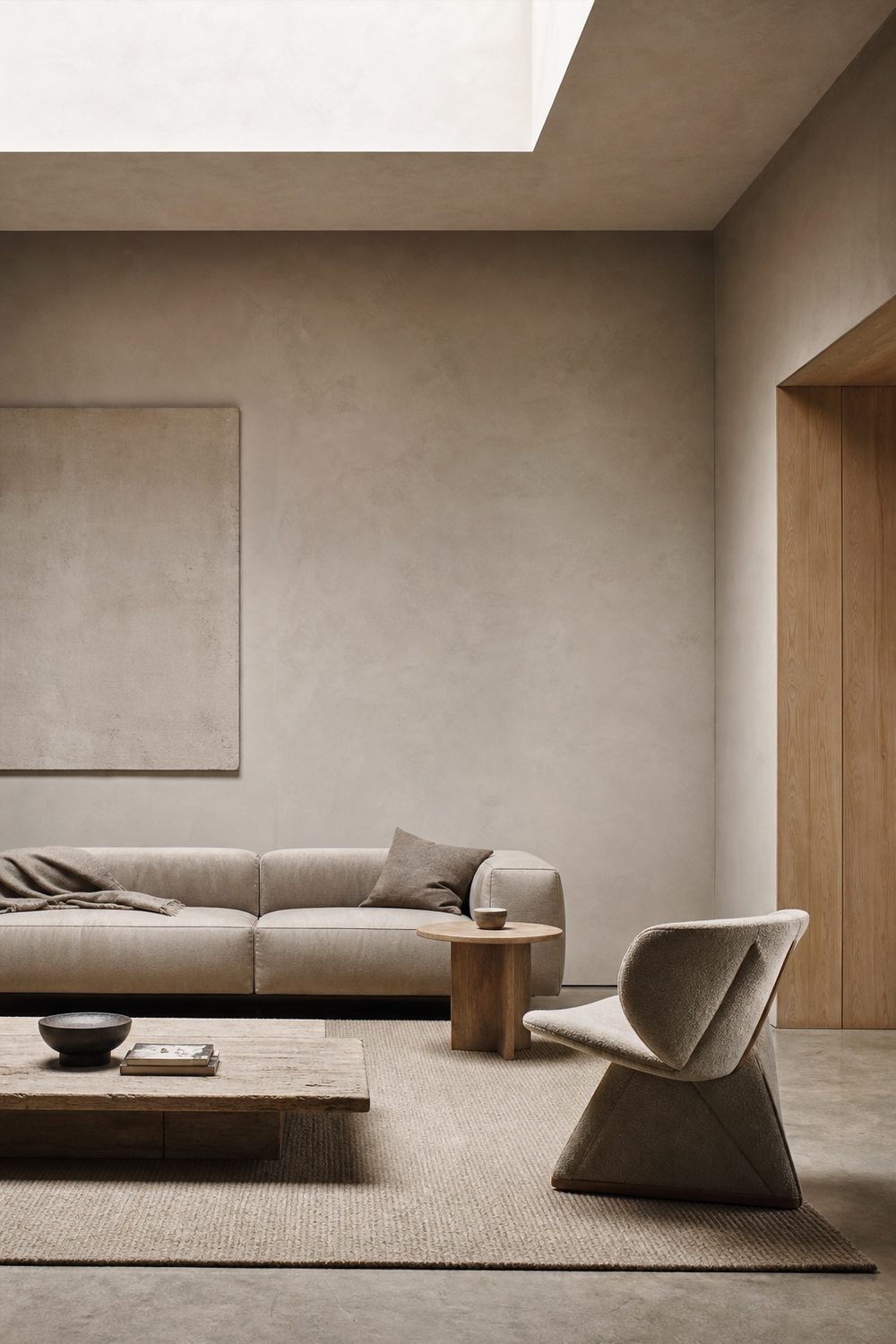 Minimalist style living room with stone-toned plaster and pale oak, editorial interior photography