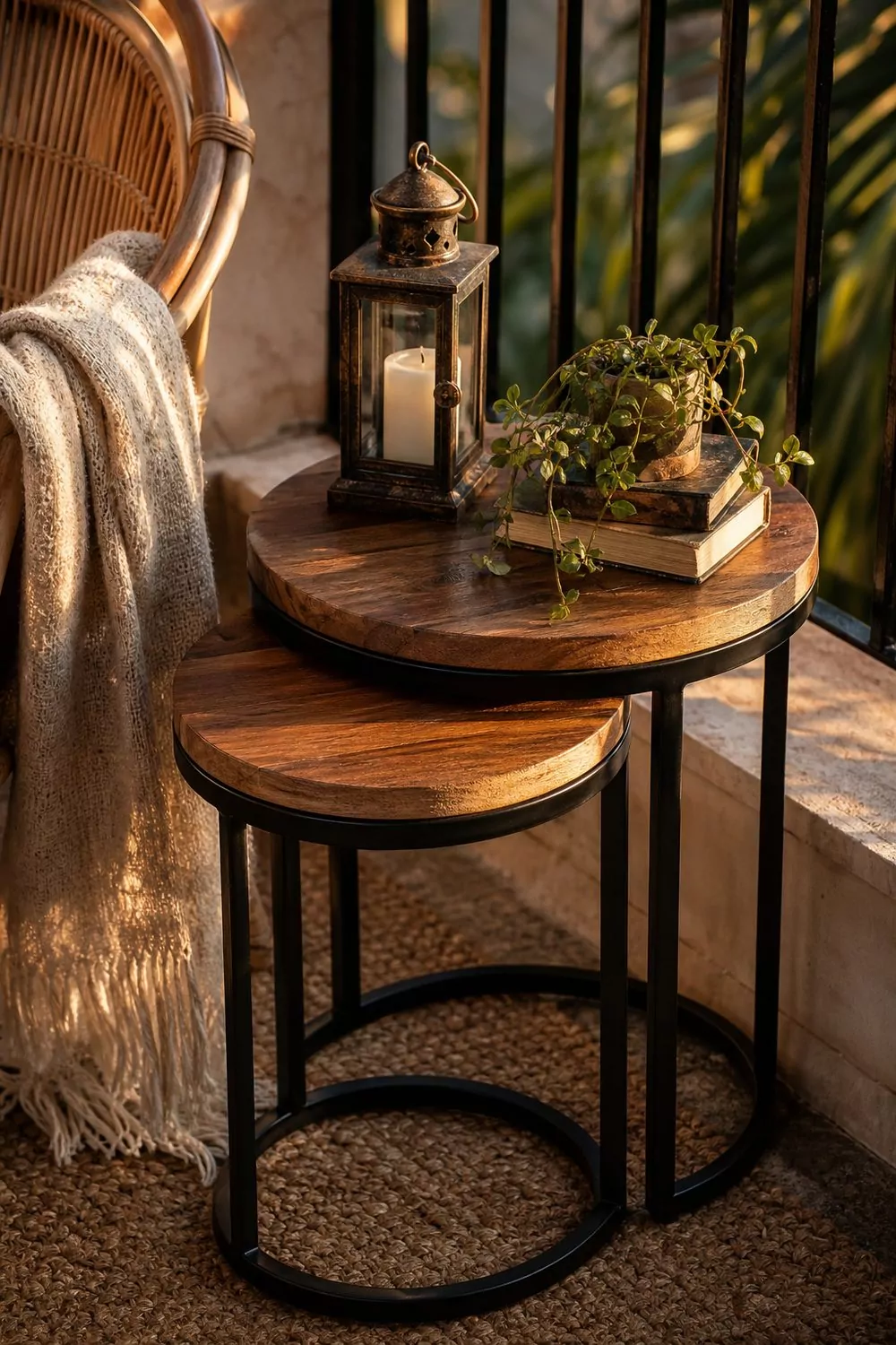 A pair of nesting side tables with black steel bases and warm reclaimed wood tops holding a lantern and books beside a rattan chair on a boho balcony