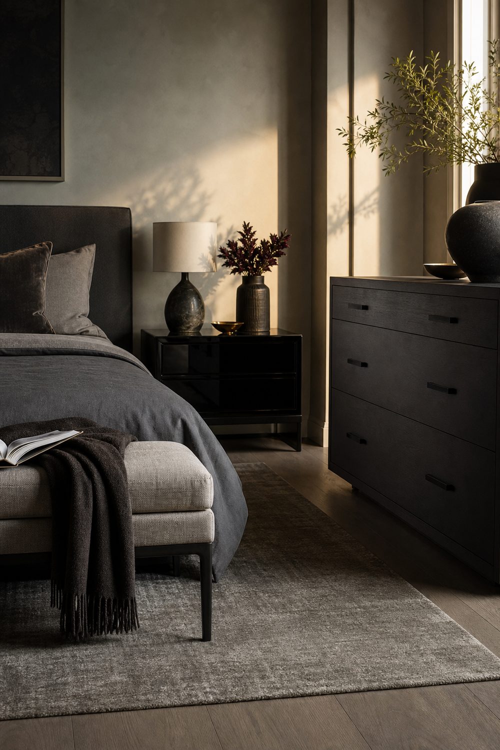 Modern black lacquered nightstand, grey upholstered bench and charcoal dresser with matte black pulls in a black and grey bedroom