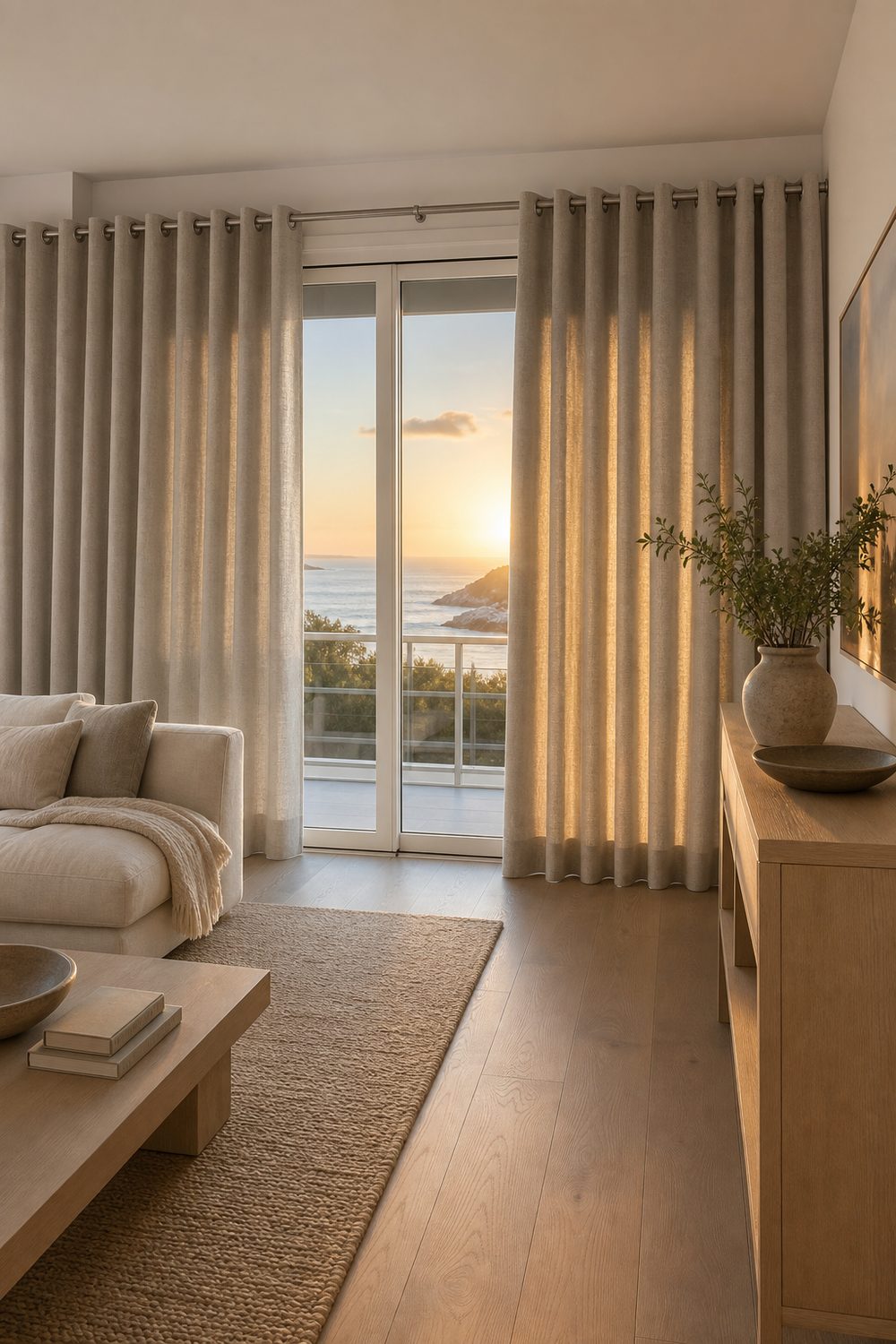 Greige linen blend modern coastal curtains with matte nickel grommets over a wide slider in a living room at golden hour with an ocean view