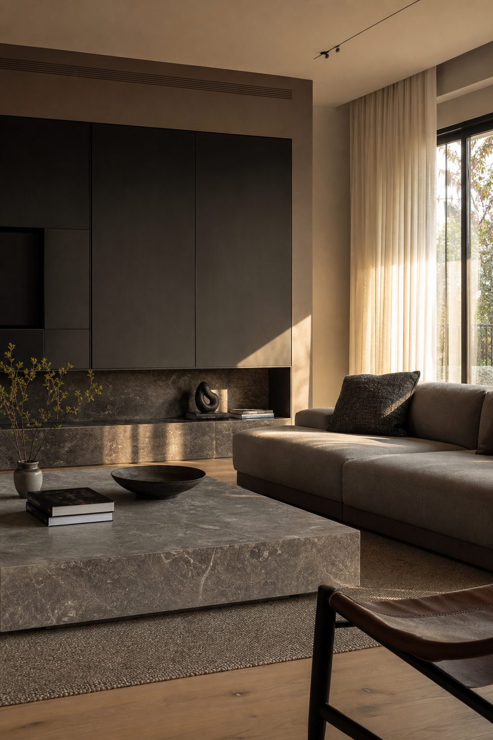 Modern style living room with honed stone and matte black metal, editorial interior photography