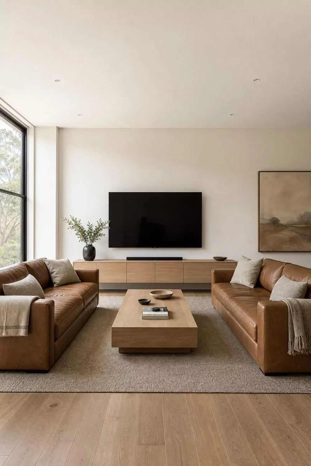Modern minimalist man cave lounge with two facing cognac leather sofas, low wood coffee table and slim console in calm daylight