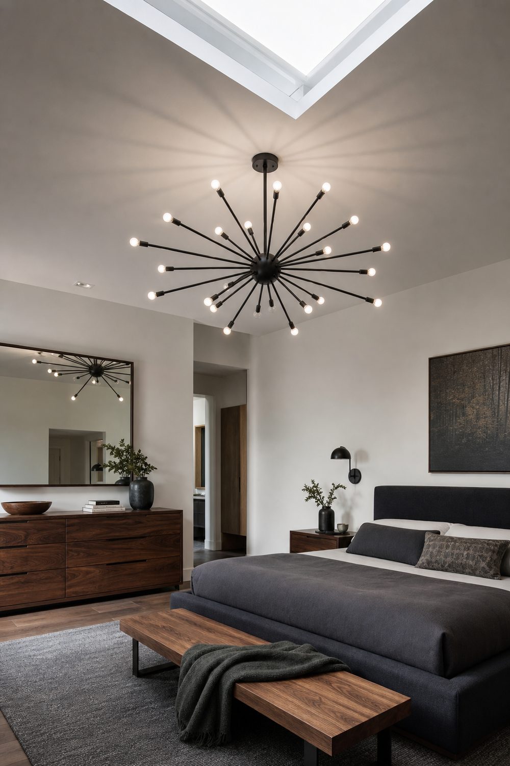 Matte black sputnik chandelier with radiating arms in a modern master bedroom with low wide furniture and warm wood tones