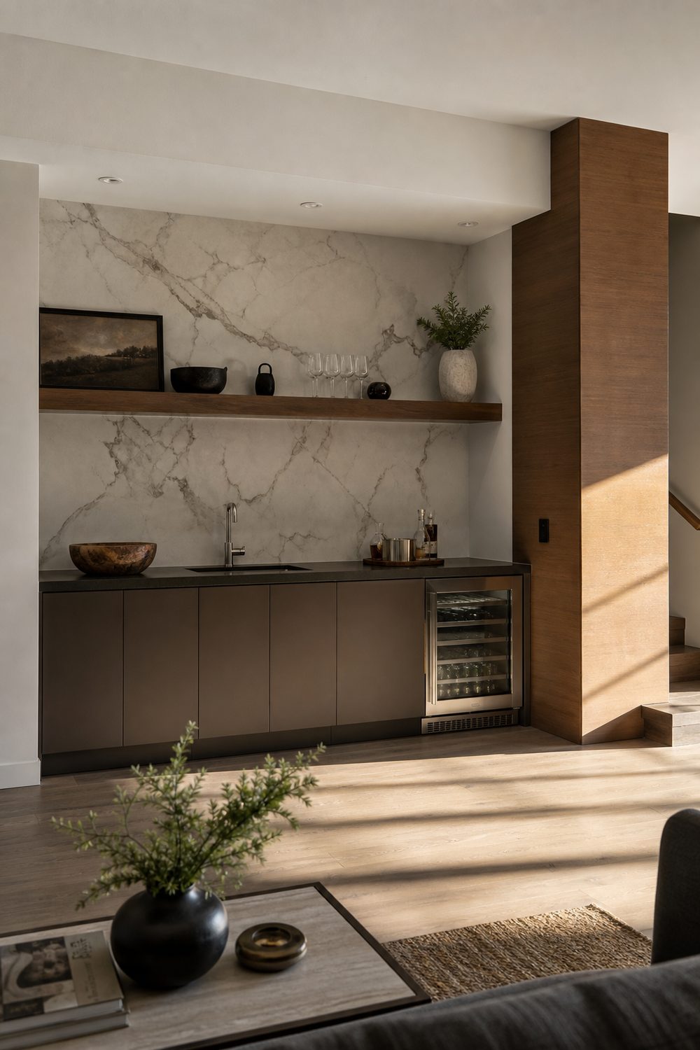 Modern basement wet bar with undermount sink, flat-front cabinets, porcelain slab backsplash and beverage fridge