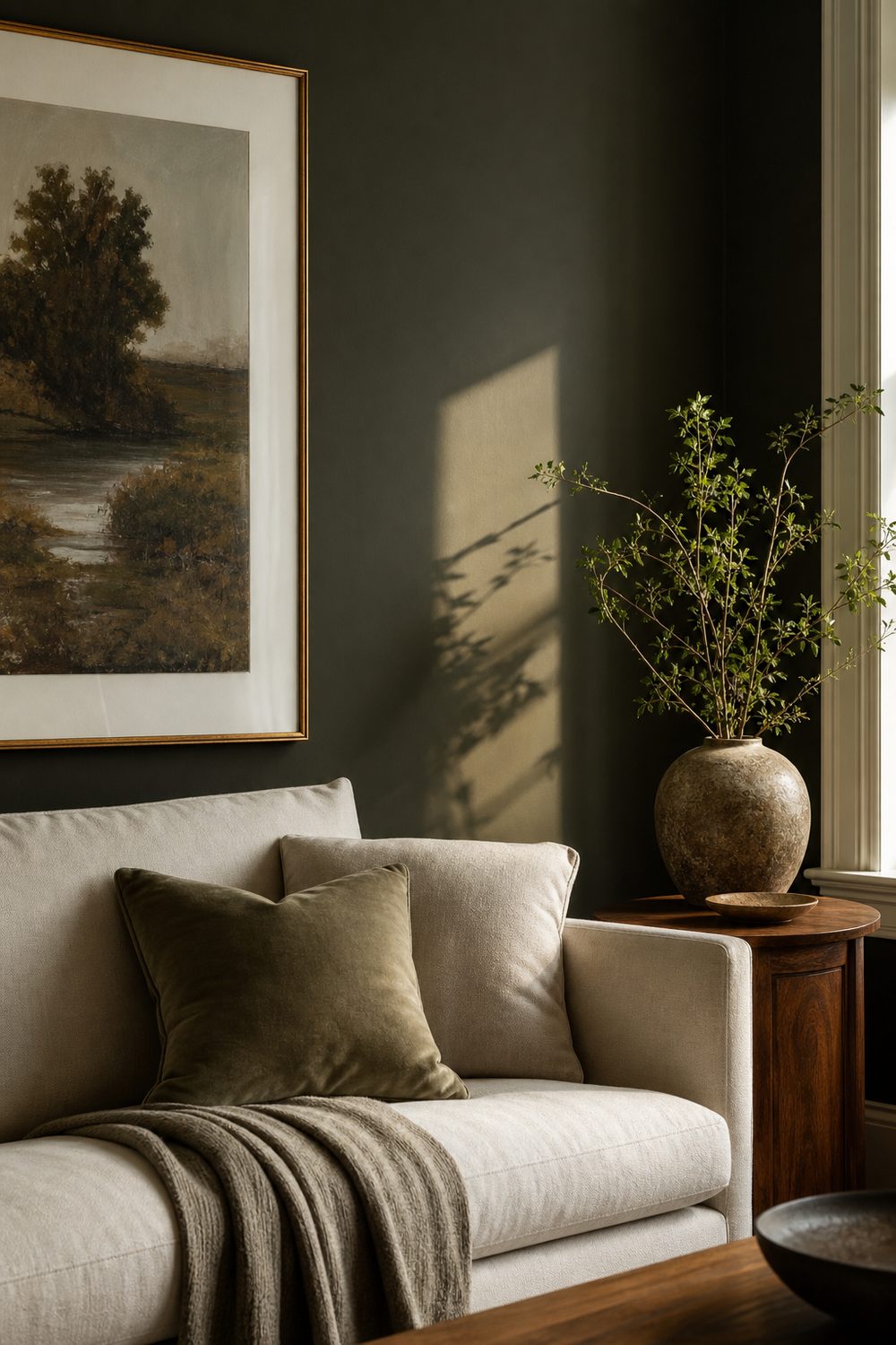 Moody deep charcoal-green painted accent wall behind a cream linen sofa, gold-framed art, walnut table, warm directional light