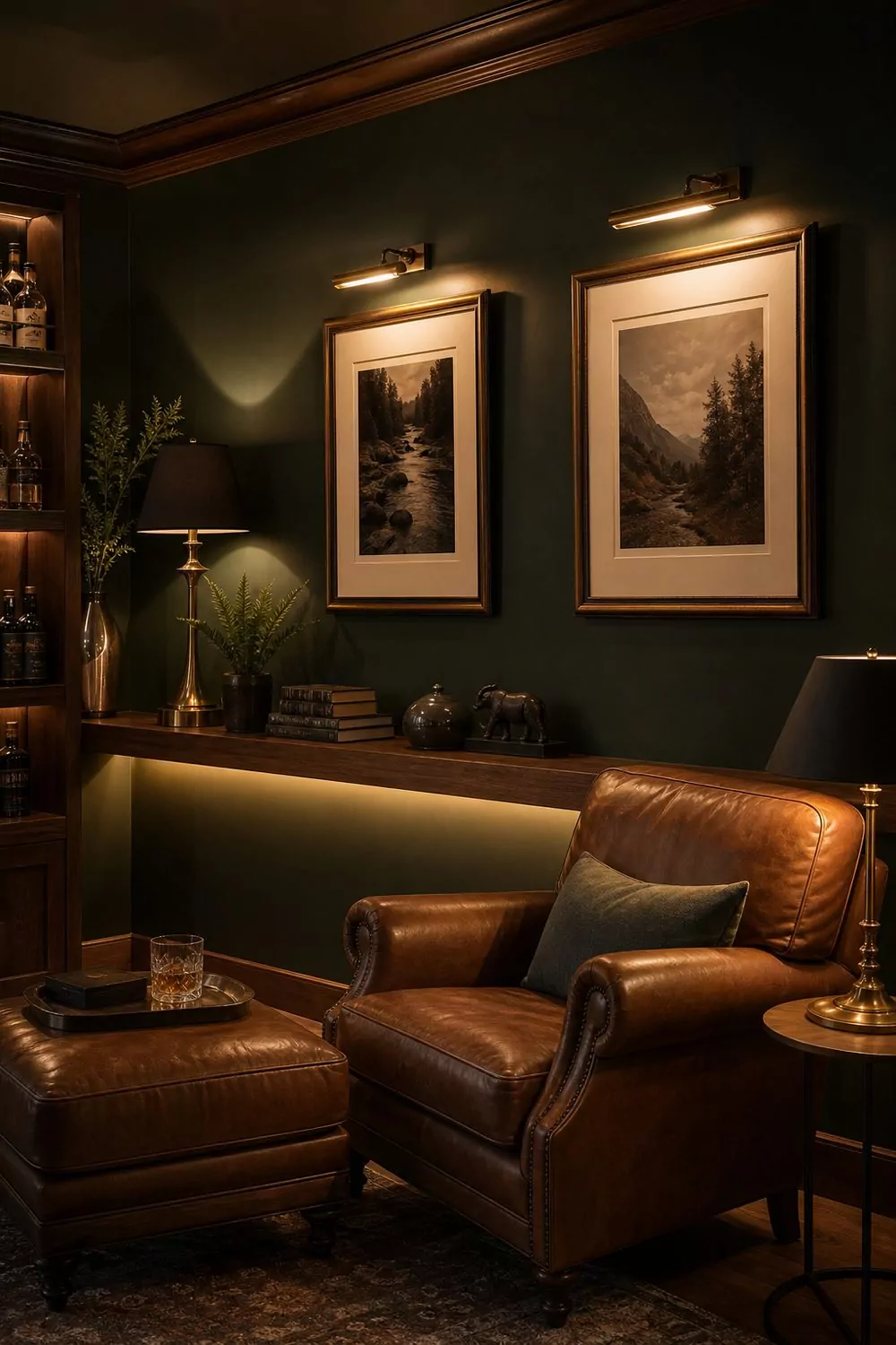 Moody man cave with deep green walls, brass picture lights, hidden cove lighting behind a walnut shelf and warm layered lamp light