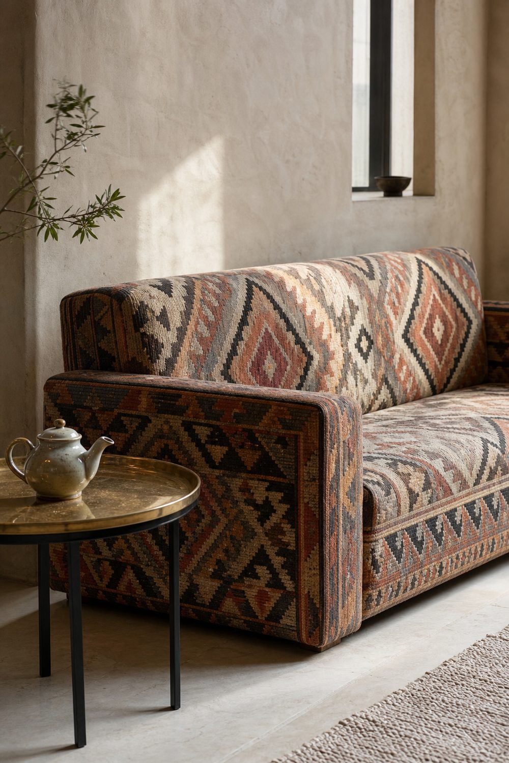 Flatwoven Moroccan kilim couch cover with terracotta and charcoal diamond motifs on a structured modern sofa