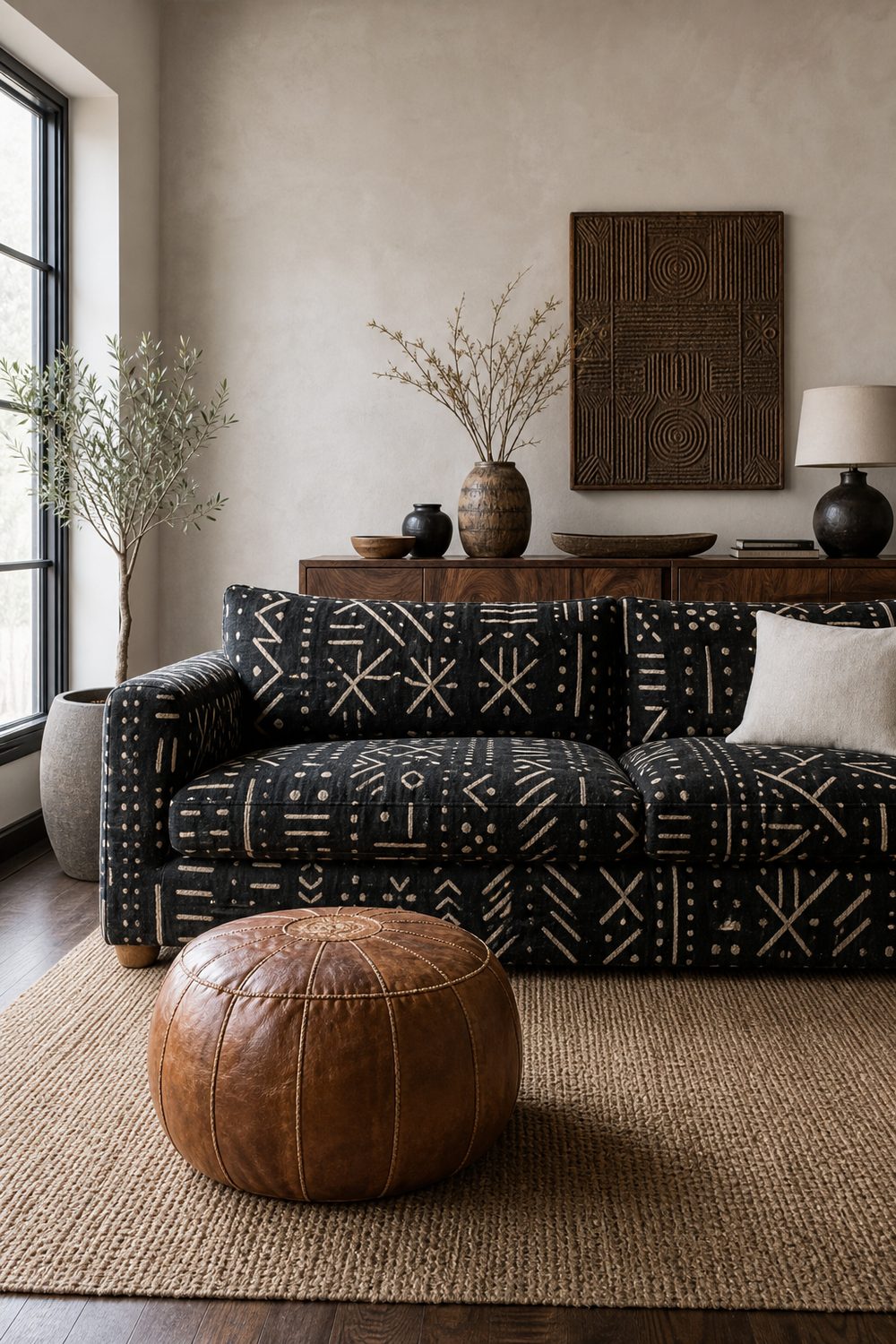 Black and cream mudcloth print boho sofa cover with geometric patterns, caramel leather pouf and jute rug