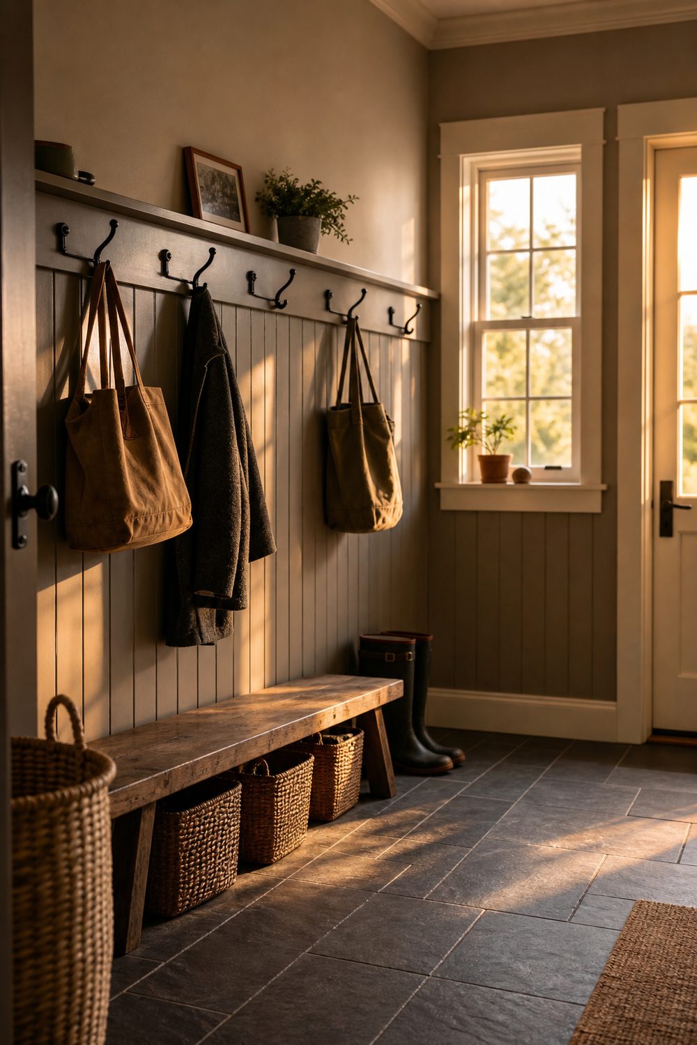 Mudroom Craftsman wainscoting in warm gray with a sturdy rail of black iron coat hooks holding bags and a wool coat