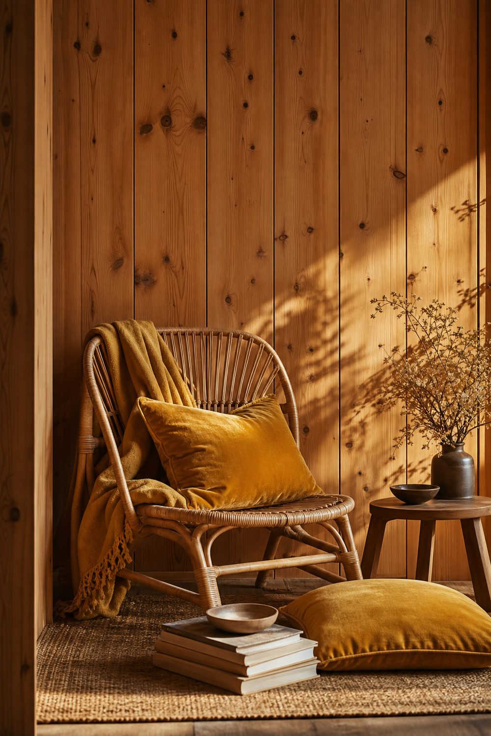 Mustard gold cushions and throw against a knotty pine wall in a reading corner with a rattan chair